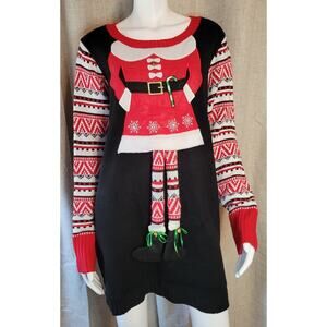 Holiday Time Ugly Christmas Elf Sweater Dress Bells Bling Swinging Legs Women XL